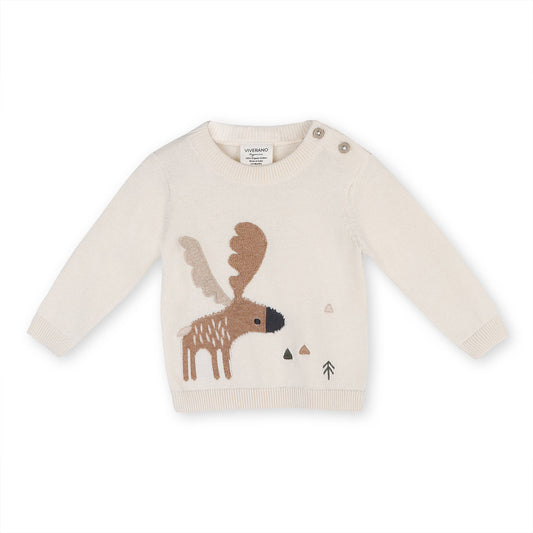 Moose Jacquard Knit Baby Pullover Sweater (Organic Cotton): Natural / 6-12M