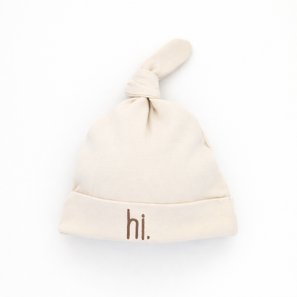 Hi. Embroidered Pecan Knotted Baby Hat
