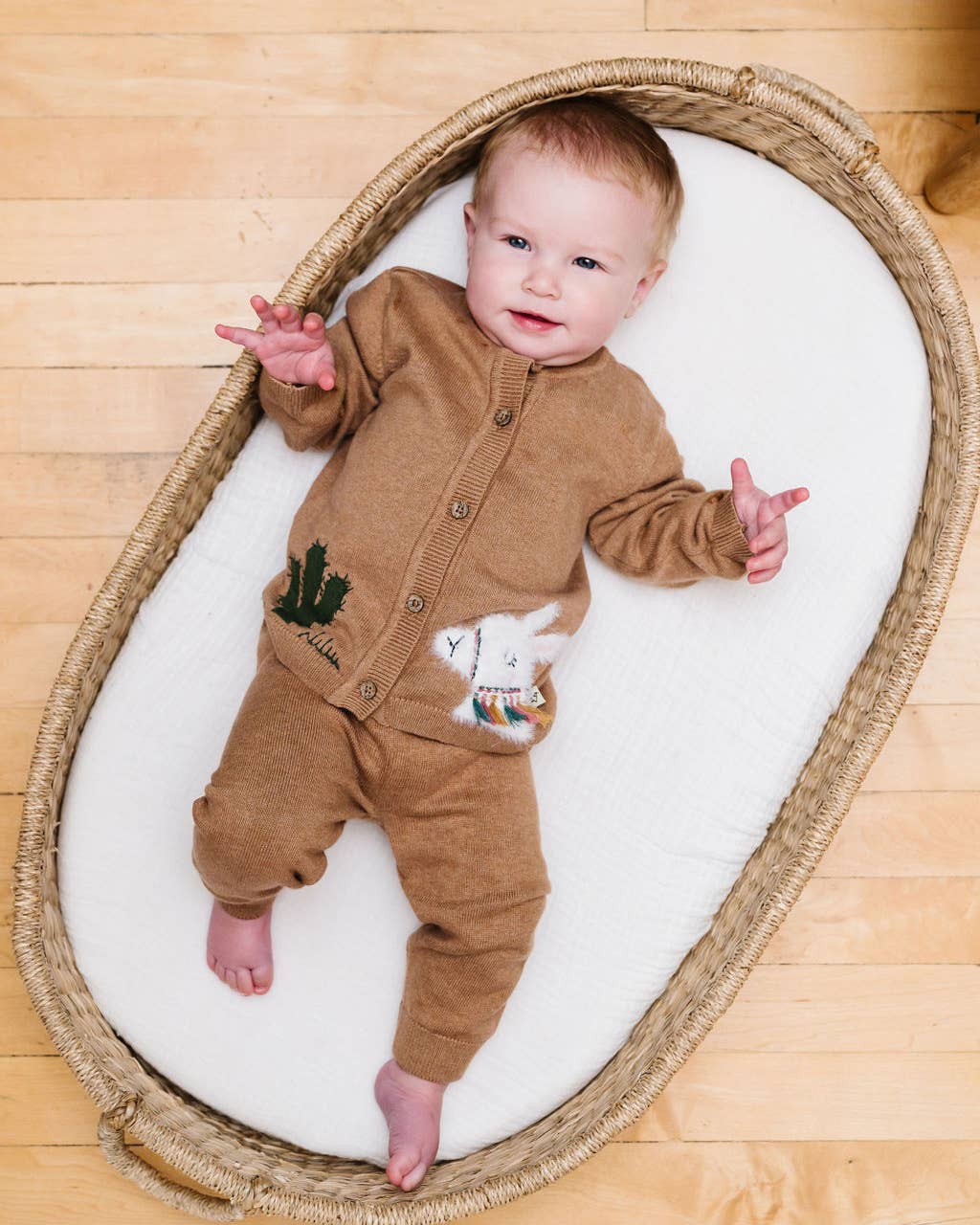 Cactus Llama Applique Baby Button Cardigan Sweater (Organic): Chai Spice / 12-18M