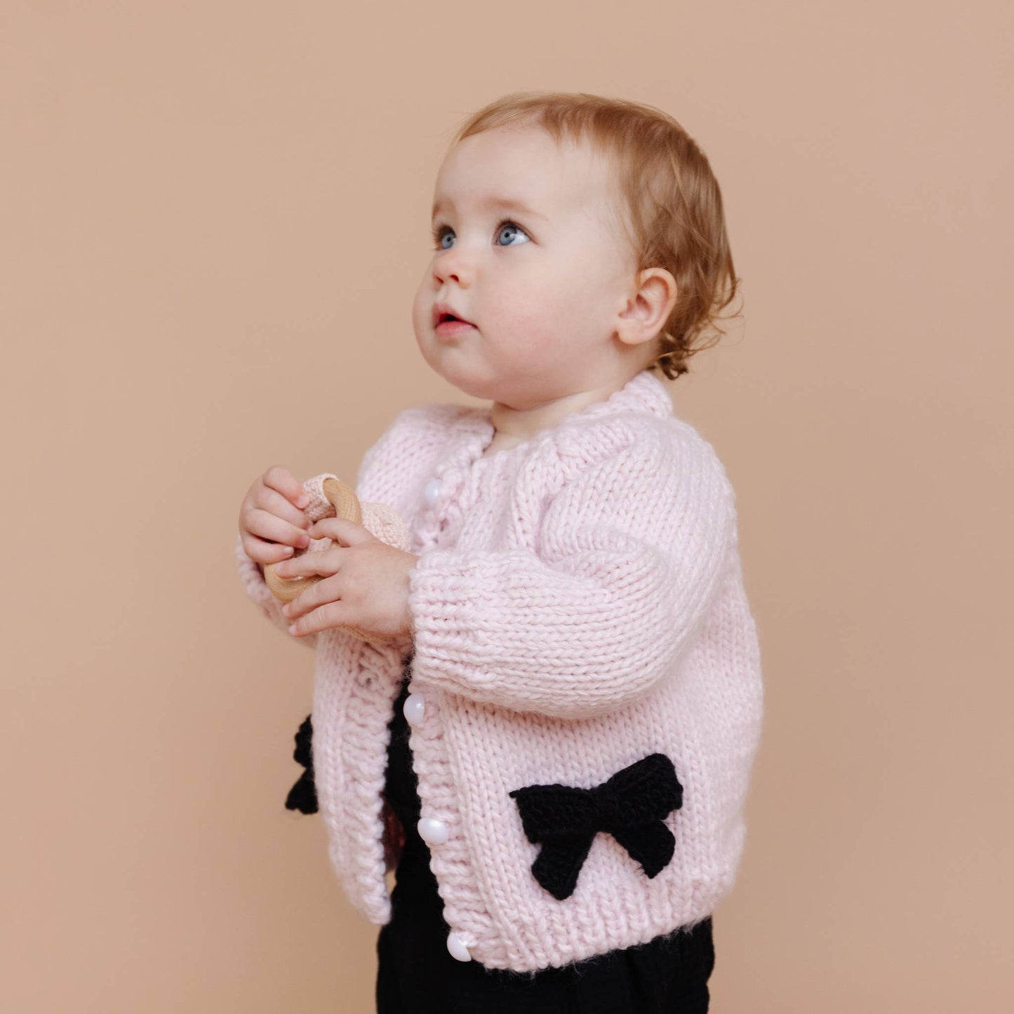 Bow Cardigan, Baby Pink/Black | Kids Sweater: S; 12-24M
