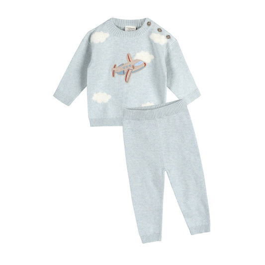 Airplane Applique Baby Knit Pullover & Pant Set (Organic)