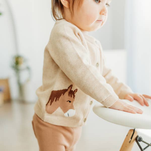 Horse Jacquard Sweater Knit Baby Cardigan (Organic Cotton): Oatmeal Heather / 6-12M