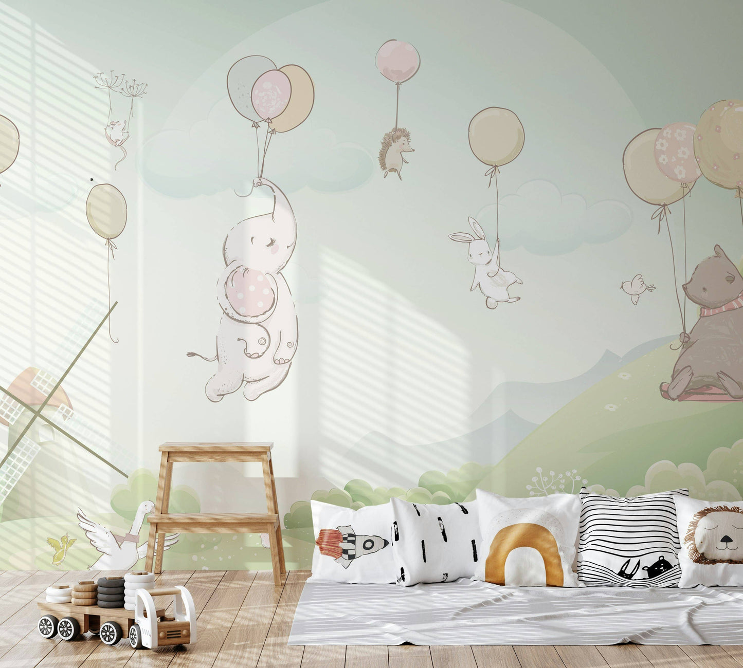 Kids Little Elephant Animal Cartoon Windmill Wallpaper Mural: Vinyl / W:75" x H:49"