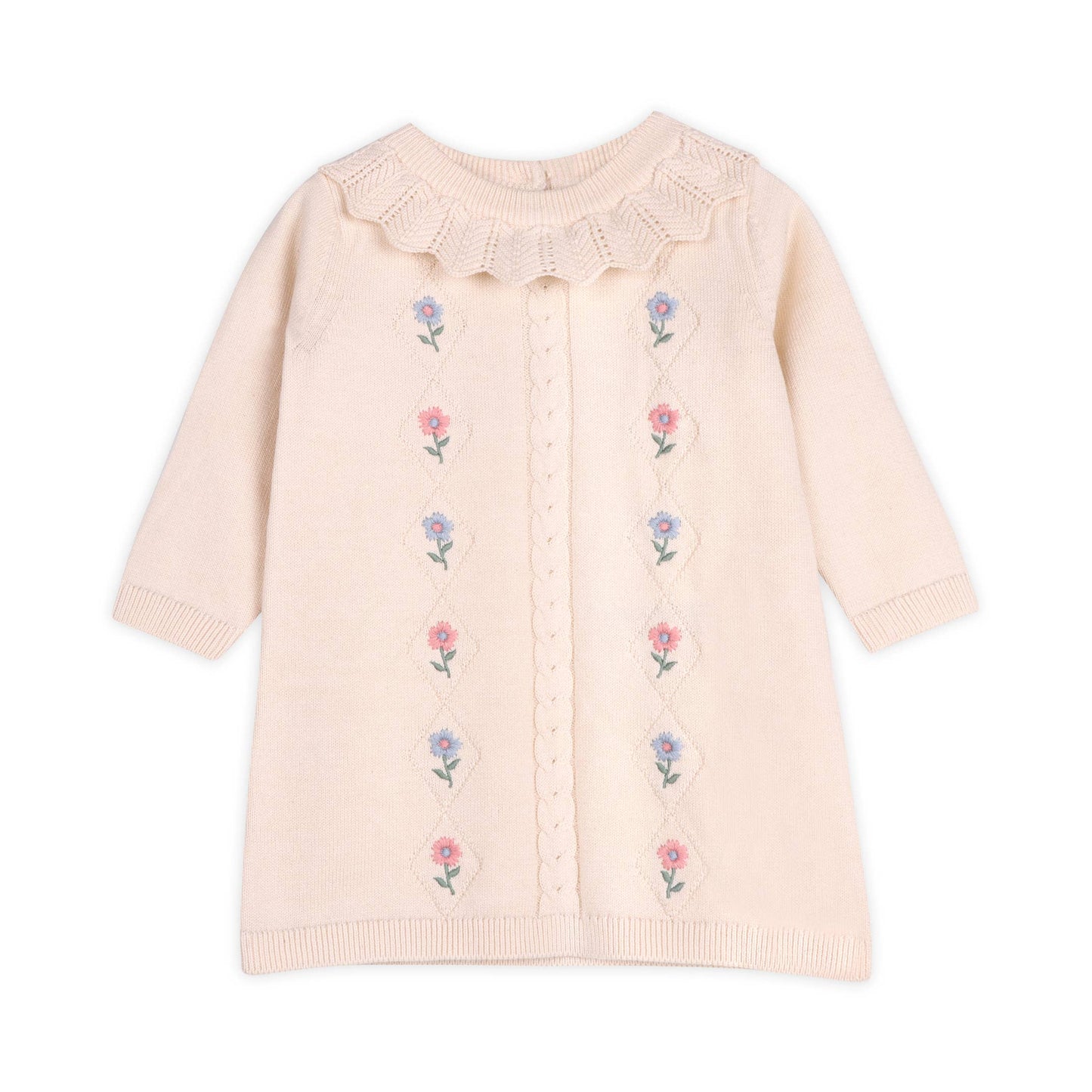 Emma Floral Embroidered Knit Baby Ruffle Dress (Organic): Natural / 6-12M