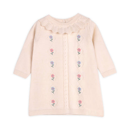 Emma Floral Embroidered Knit Baby Ruffle Dress (Organic): Natural / 12-18M