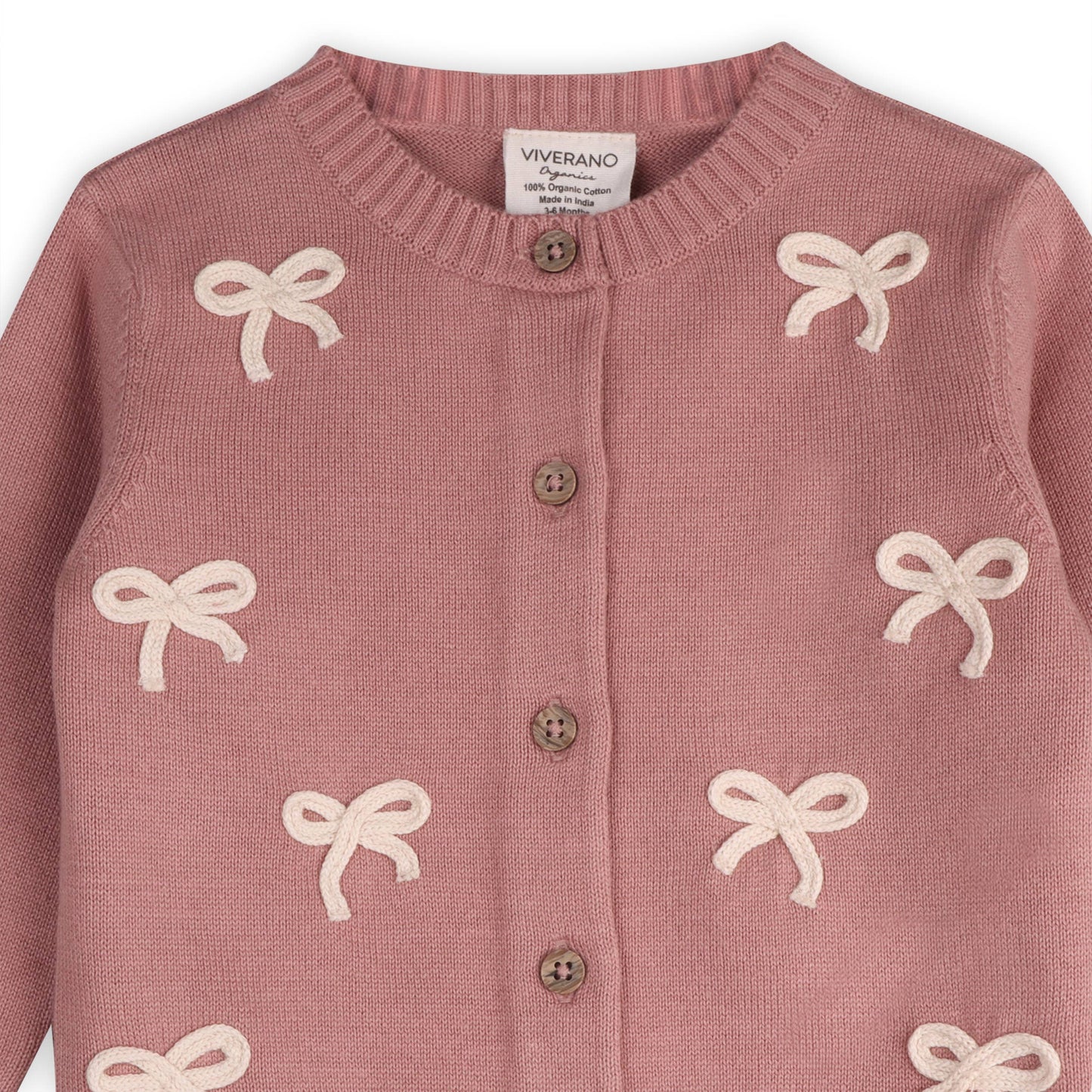 Zoe Bow Sweater Knit Baby Button Cardigan (Organic): Vintage Rose / 0-3M