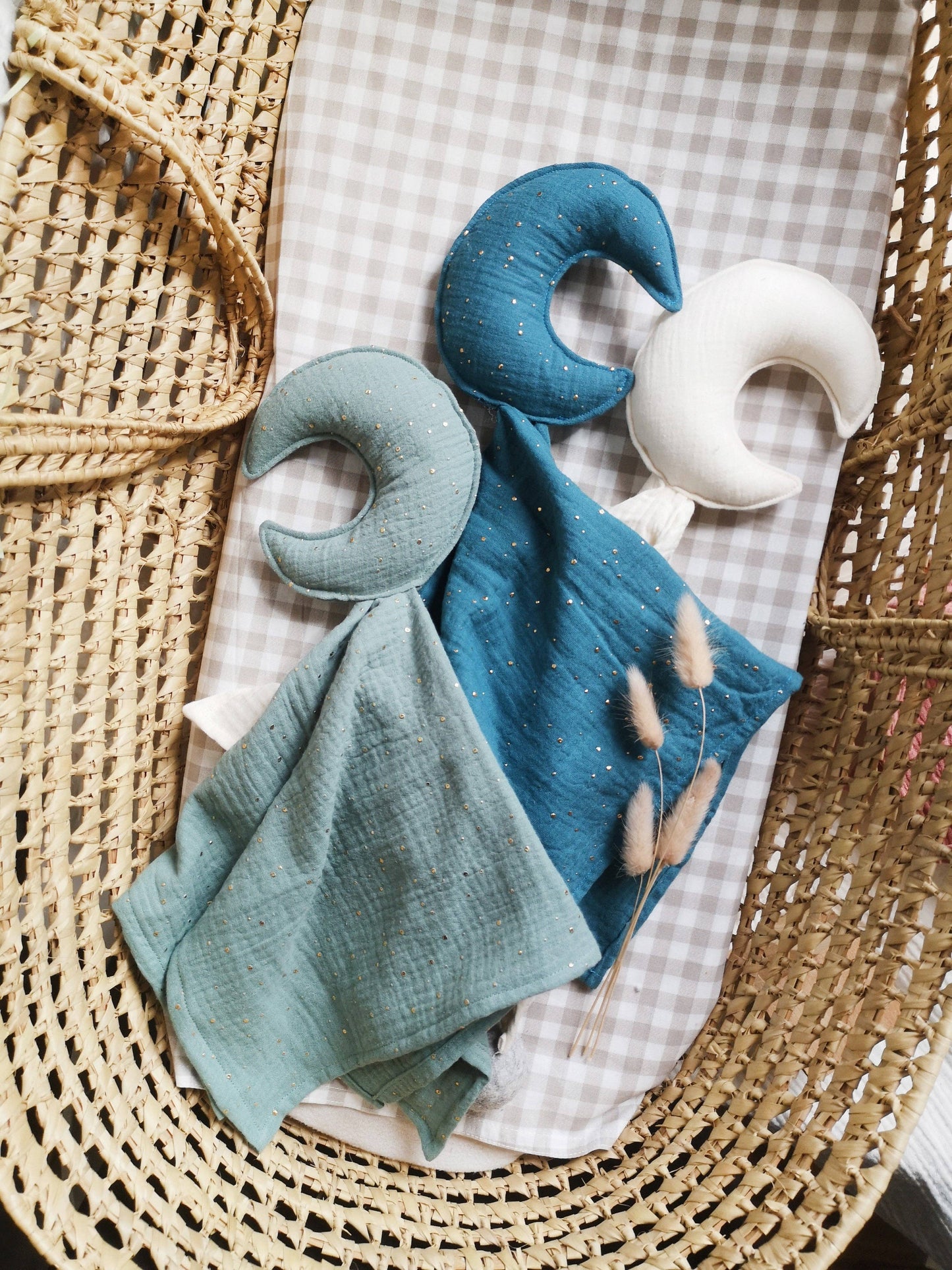 Moon comforter - Baby security blanket: NAVY WITH GOLD DOTS