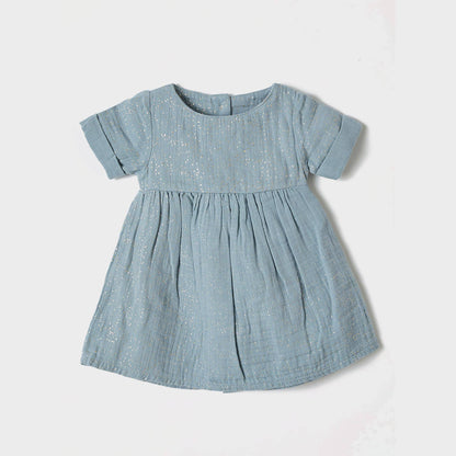 Organic Muslin Baby Short Sleeve Dress with Glitter: Aqua