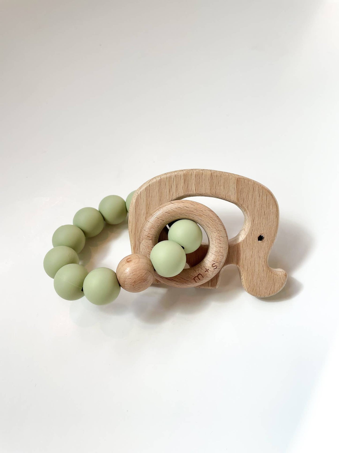 Elephant Teether- Silicone and Beech Wood: Peach