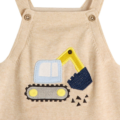 Excavator Truck Embroidered Baby Overall Set -Organic Cotton: Oat Heather / 3-6M