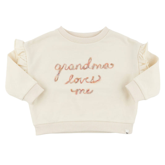 "grandma loves me" Ruffle Slouch Sweatshirt - Natural