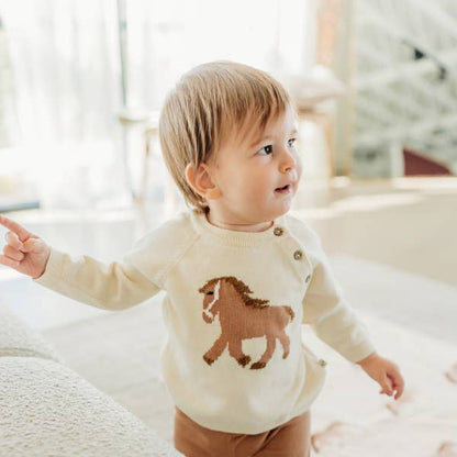 Horse Jacquard Sweater Knit Baby Pullover (Organic Cotton): Natural