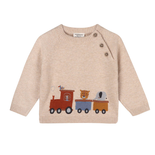 Animal Train Applique Sweater Knit Baby Pullover Organic: Oatmeal Heather / 18-24M