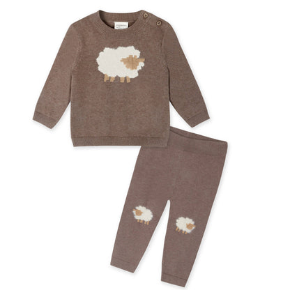 Sheep Jacquard Knit Baby Pullover & Pant SET Organic Cotton: Cocoa Heather / 12-18M