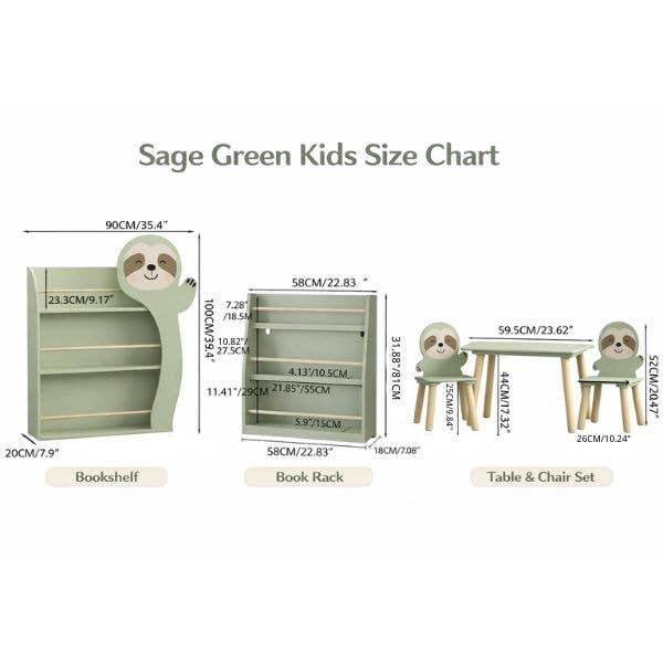 Kids Sloth Bookshelf, Book Rack, Table Chair Set, Sage Green