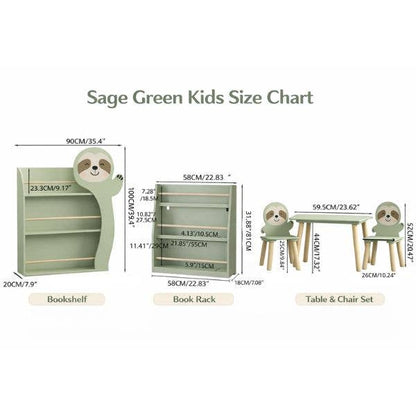Kids Sloth Bookshelf, Book Rack, Table Chair Set, Sage Green