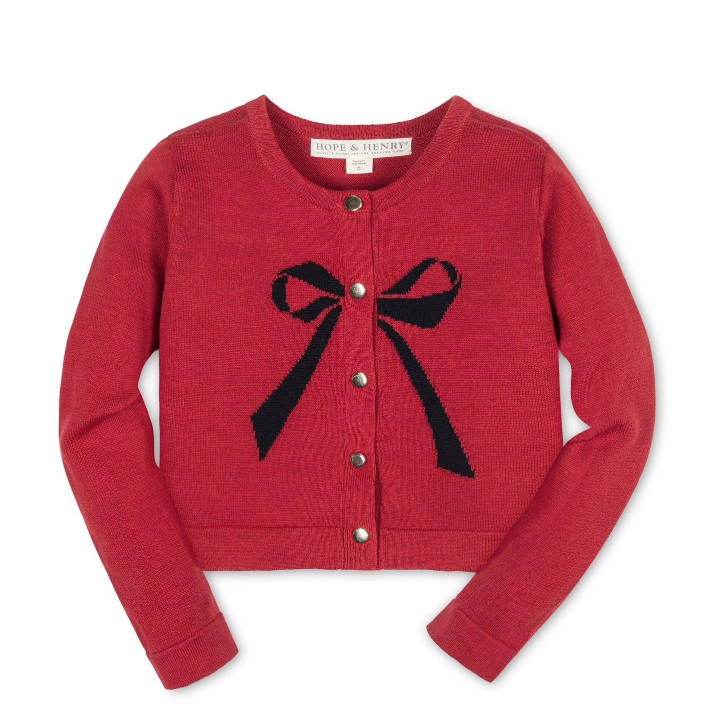 Organic Bow Intarsia Cardigan: Red with Black Bow / S