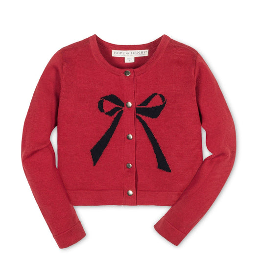 Organic Bow Intarsia Cardigan: Red with Black Bow / S