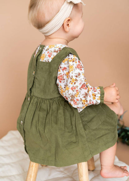Lilith Floral Baby Pinafore Dress & Bloomer (Organic Cotton): Multi-Floral/Green