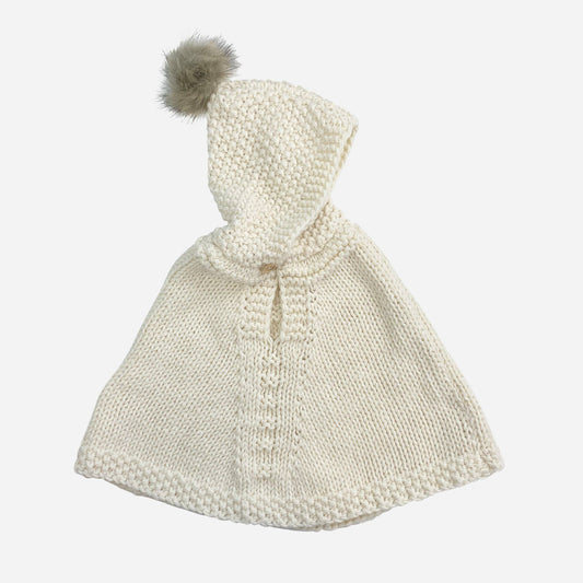 Poncho with Faux Fur Pom, Cream Kids Child Winter Holiday: S; 1-2yrs