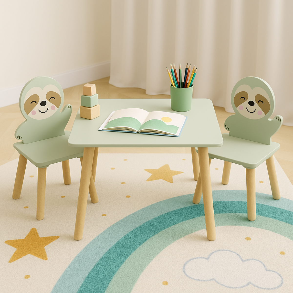 Kids Sloth Bookshelf, Book Rack, Table Chair Set, Sage Green