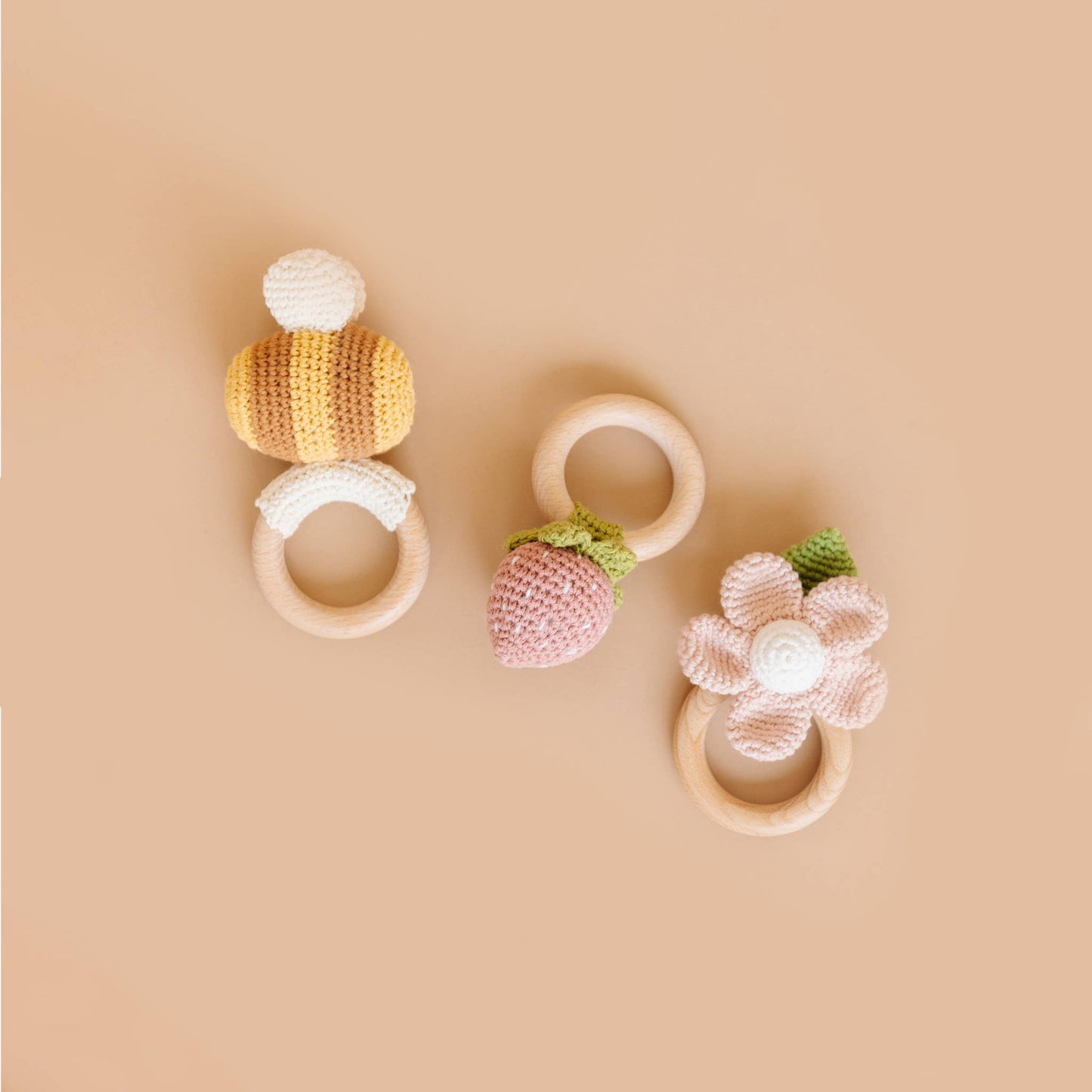 Teether Strawberry Pink Crochet Rattle Baby Toy Spring