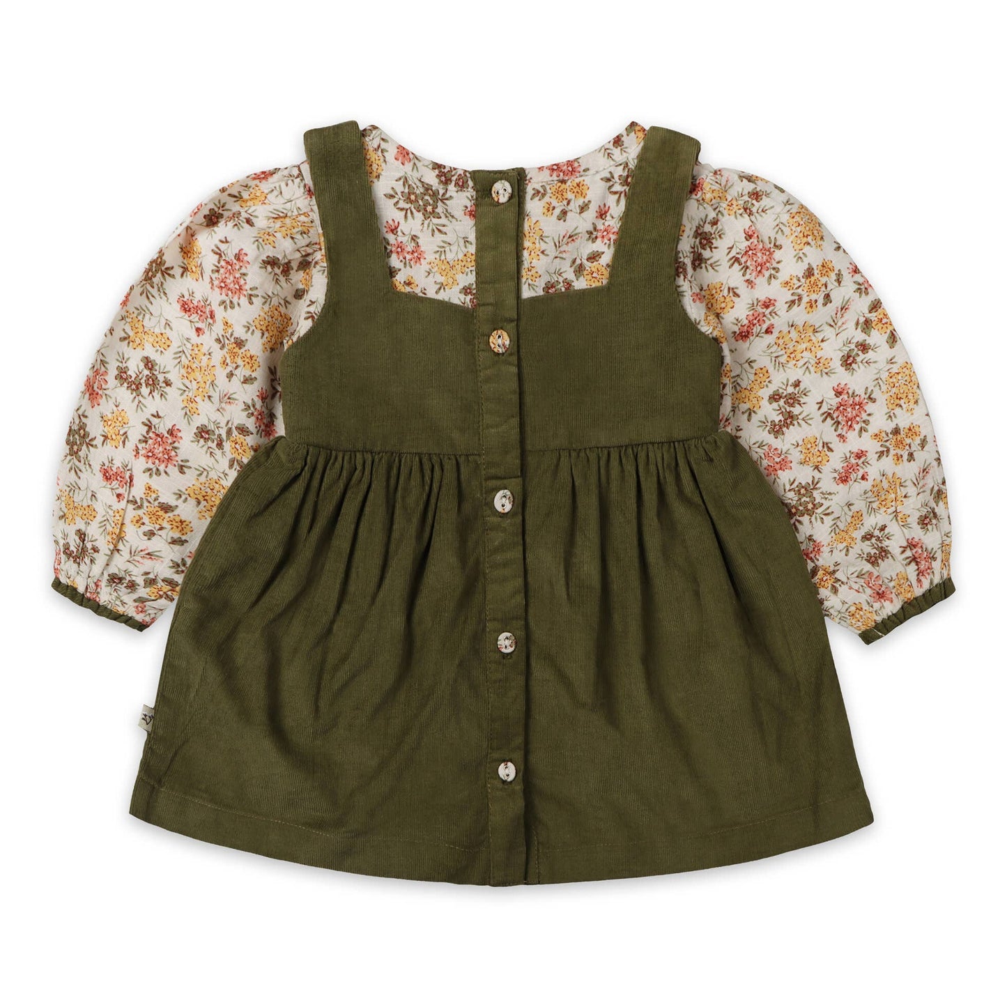 Lilith Floral Baby Pinafore Dress & Bloomer (Organic Cotton): Multi-Floral/Green / 6-12M