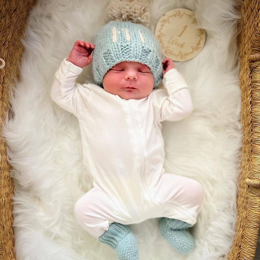 Hi. Surf Blue Hand Knit Beanie Hat: XS (newborn)