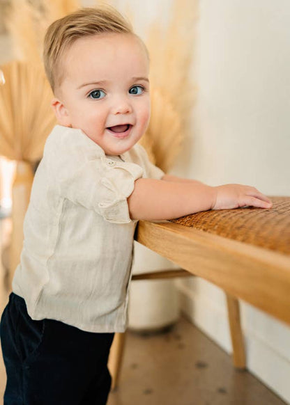 Portofino Baby Shirt & Pants Set (Organic Cotton): Natural / Navy / 12-18M