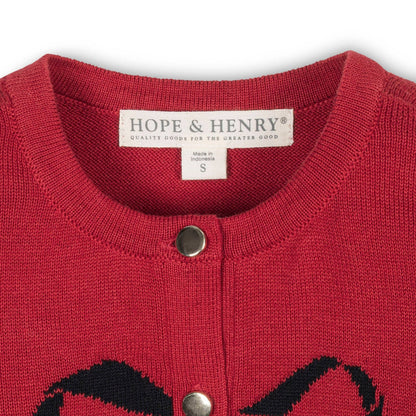 Organic Bow Intarsia Cardigan: Red with Black Bow / S