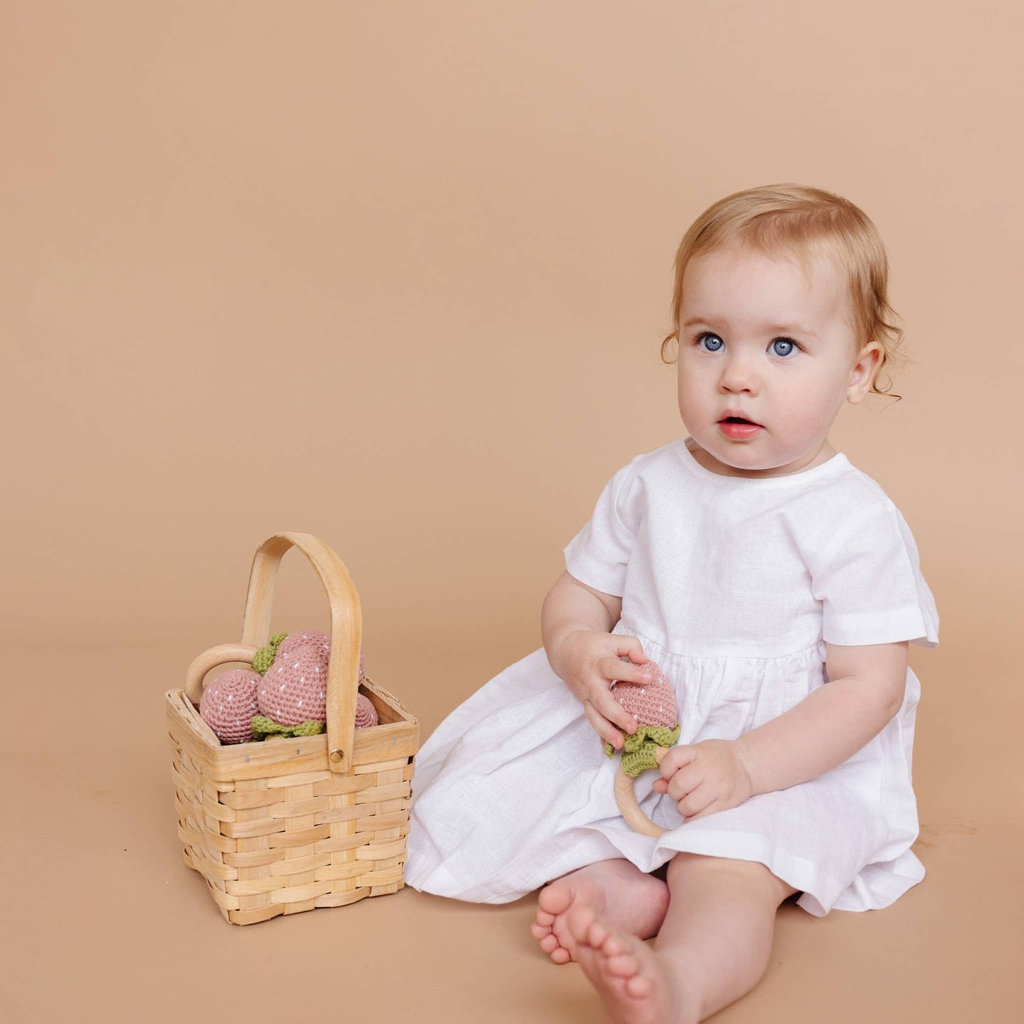 Teether Strawberry Pink Crochet Rattle Baby Toy Spring