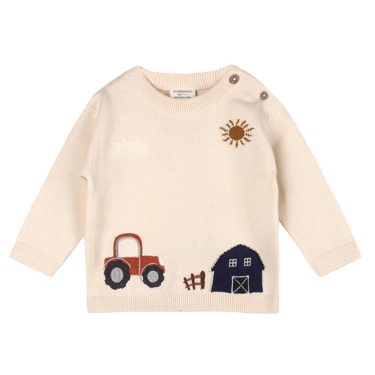 Farm Tractor Embroidered Sweater Knit Baby Pullover -Organic: Natural / 18-24M