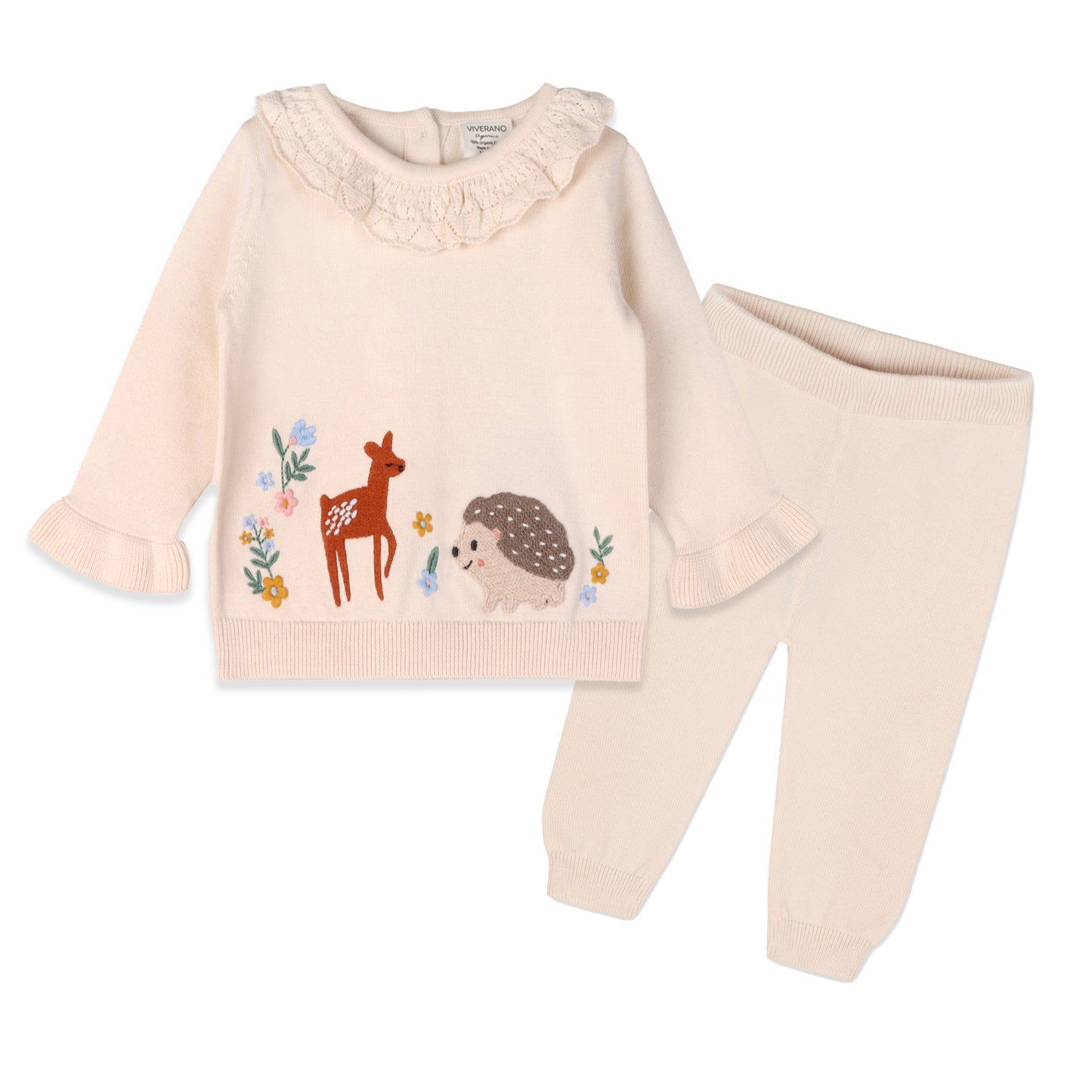 Woodland Embroidered Sweater Knit Baby Pullover & Pants SET: Natural / 12-18M