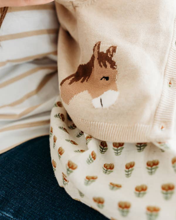 Horse Jacquard Sweater Knit Baby Cardigan (Organic Cotton): Oatmeal Heather / 12-18M