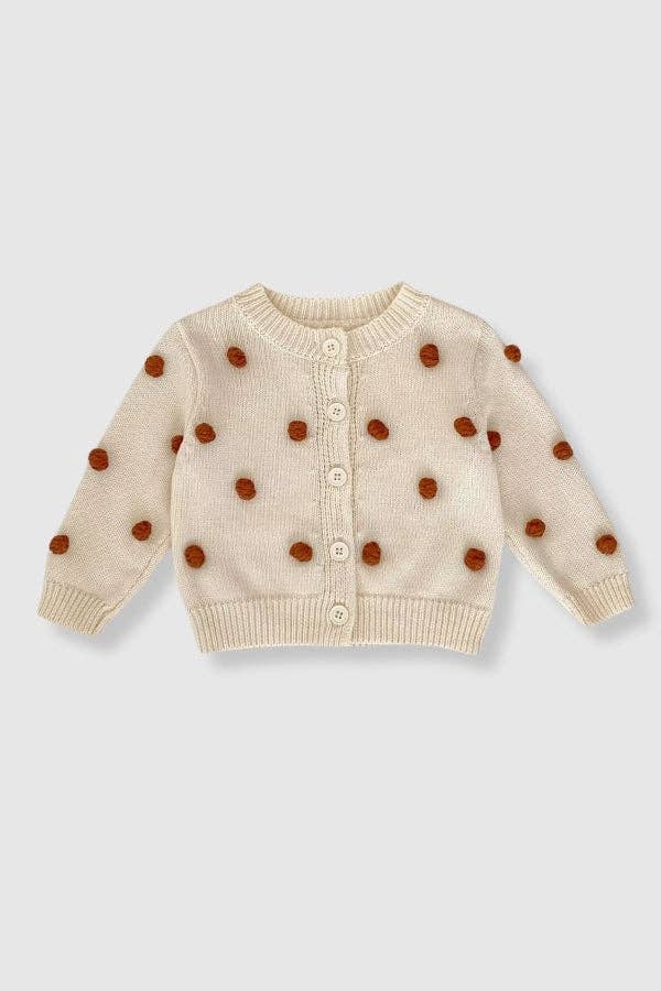100% Cotton Knit Polka Dot Sweater Cardigan - Cream: 6-12M