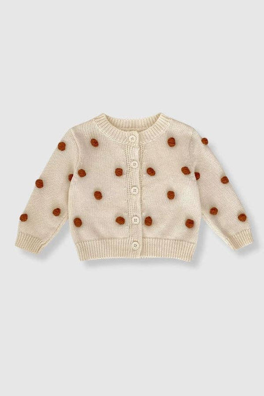 100% Cotton Knit Polka Dot Sweater Cardigan - Cream: 6-12M