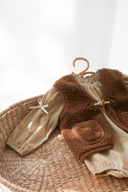 Dark Beige/Cord Bow Long Sleeve Romper