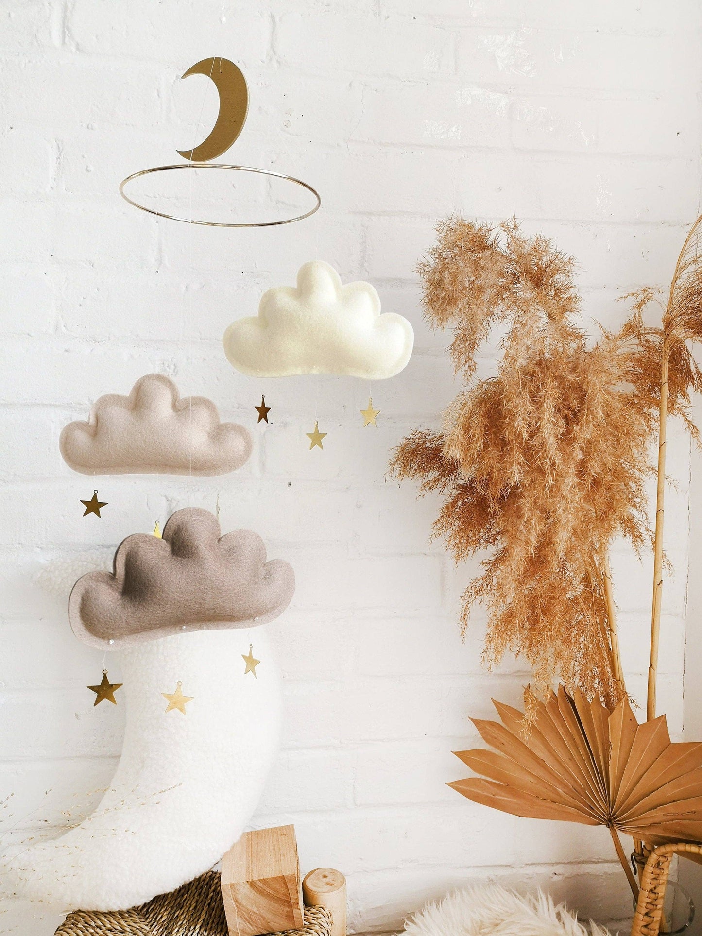 Clouds and stars baby mobile - Ivory, beige, taupe