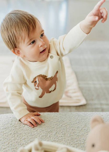 Horse Jacquard Sweater Knit Baby Pullover (Organic Cotton): Natural