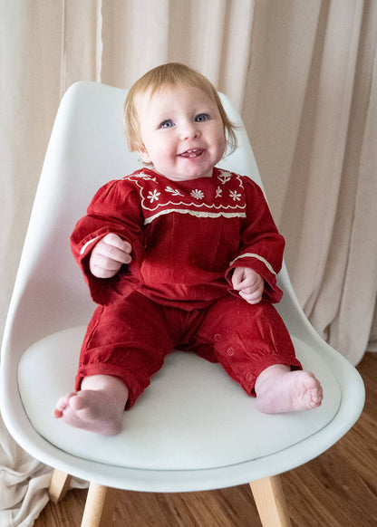 Embroidered Corduroy Festive Baby Jumpsuit (Organic): Pinot Red