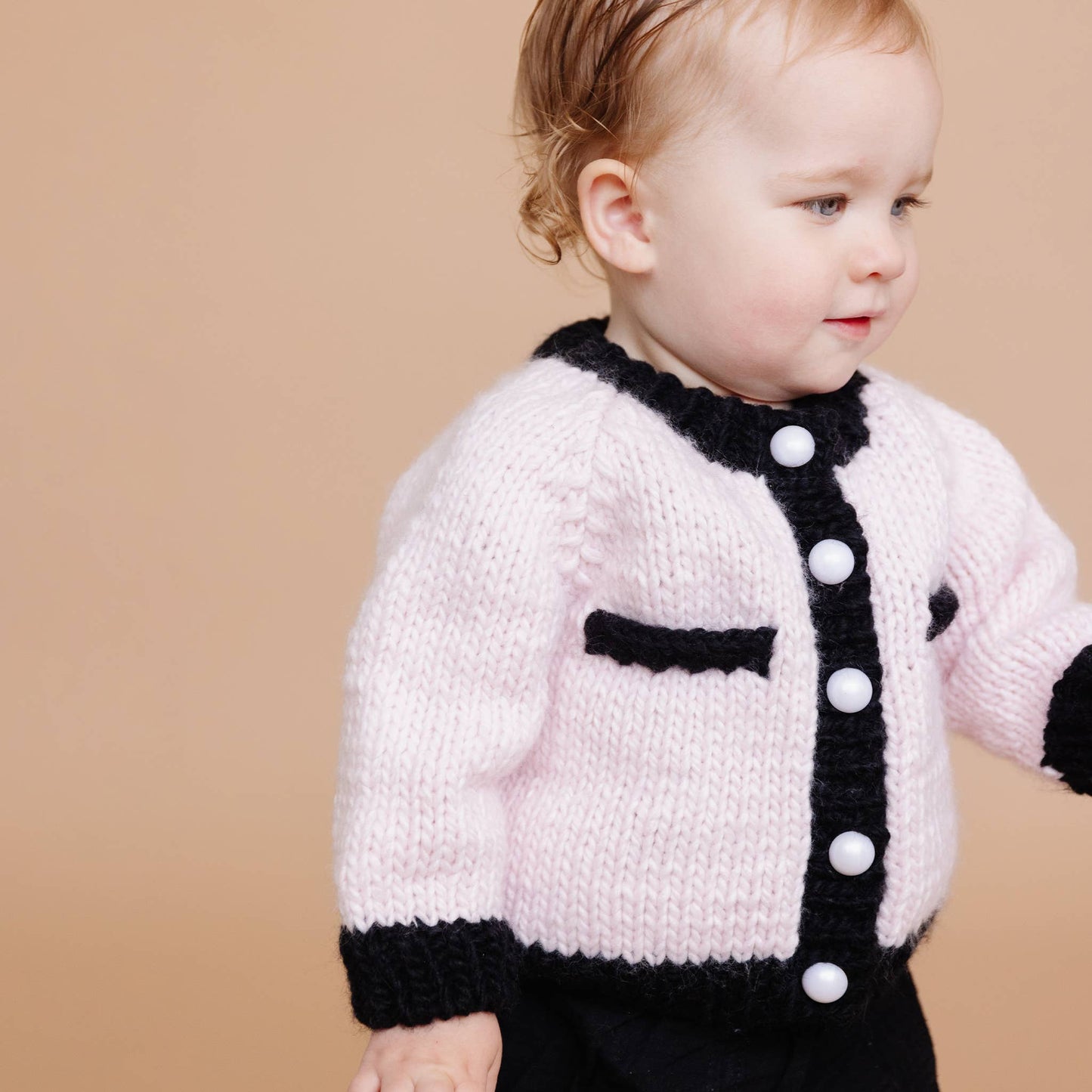 Coco Cardigan, Baby Pink/Black | Kids Pearl Sweater: M; 2-3Y
