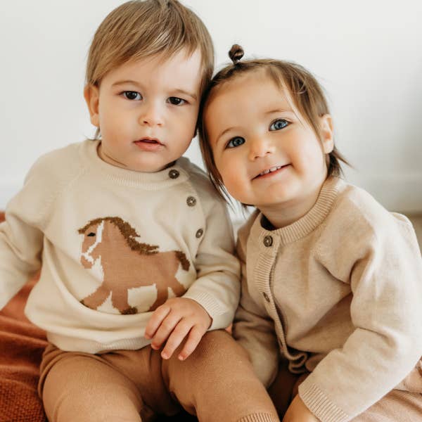 Horse Jacquard Sweater Knit Baby Pullover (Organic Cotton): Natural / 3-6M
