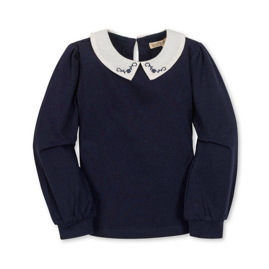 Organic Peter Pan Collar Knit Top: Navy with Embroidery / XX-Small