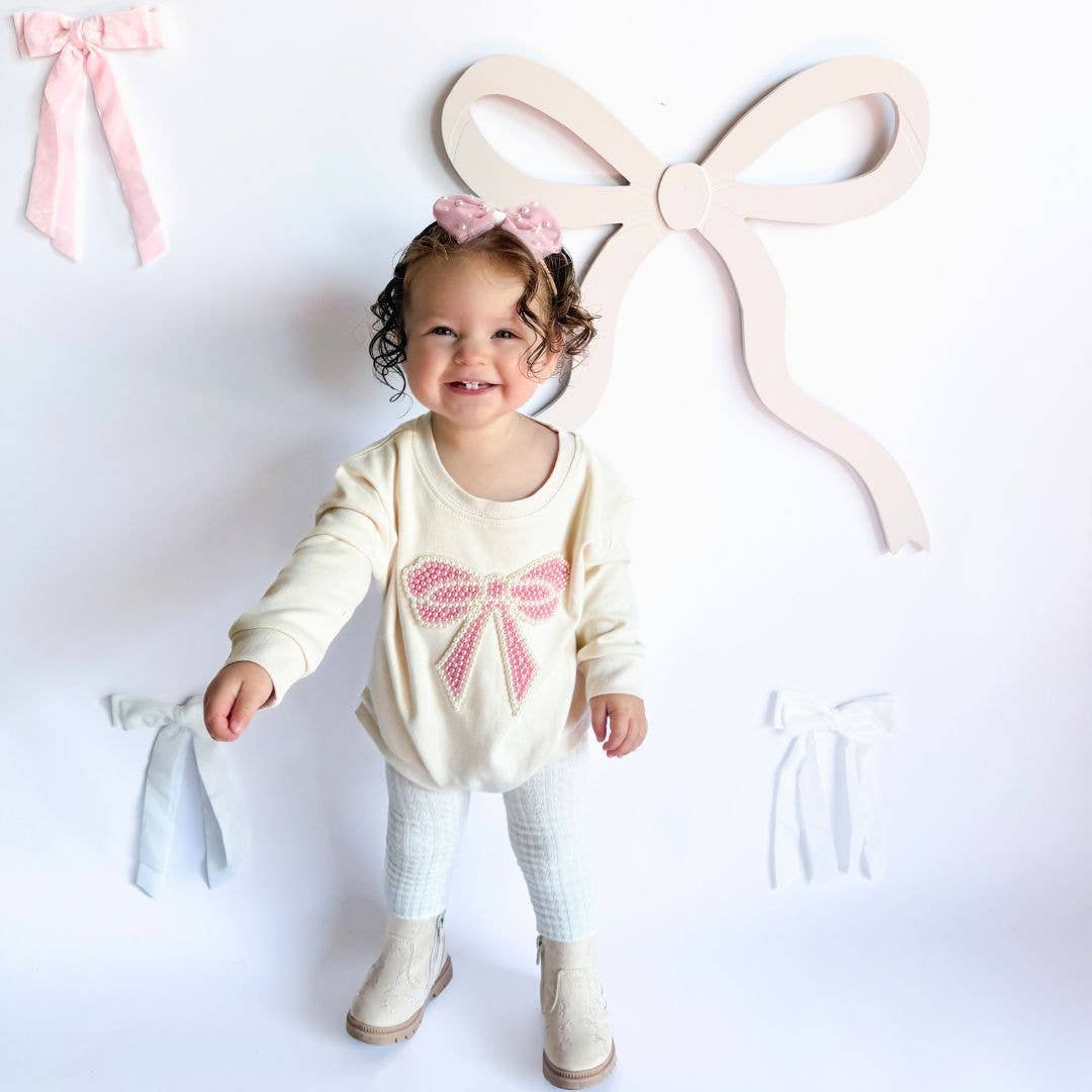 Pearl Bow Patch Long Sleeve Romper - Baby Clothes: 06-12M