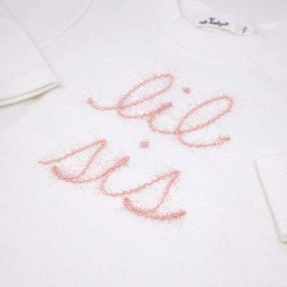 "lil sis" Pink Sparkle Embroidered 2PC Set: Cream / 3-6 mo