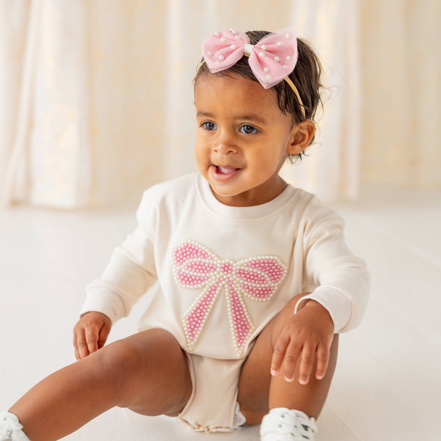 Pearl Bow Patch Long Sleeve Romper - Baby Clothes: 12-18M