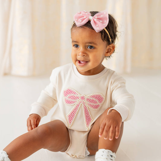 Pearl Bow Patch Long Sleeve Romper - Baby Clothes
