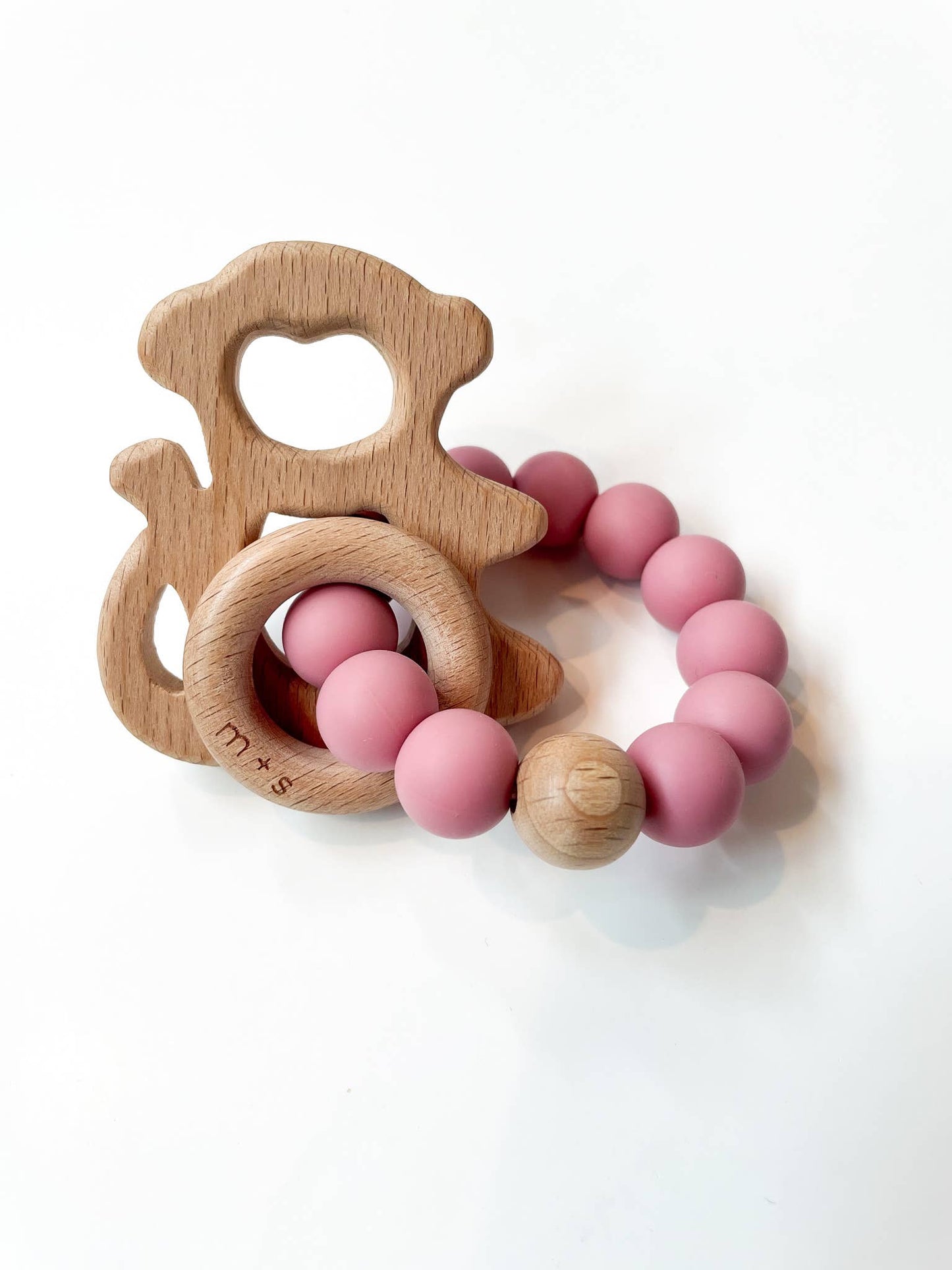 Monkey Teether- Silicone and Beech Wood: Peach