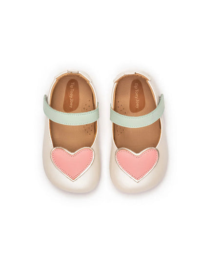 Toddler Mary Janes Heart - Antique White/Pink Lake/Metalic Salmon